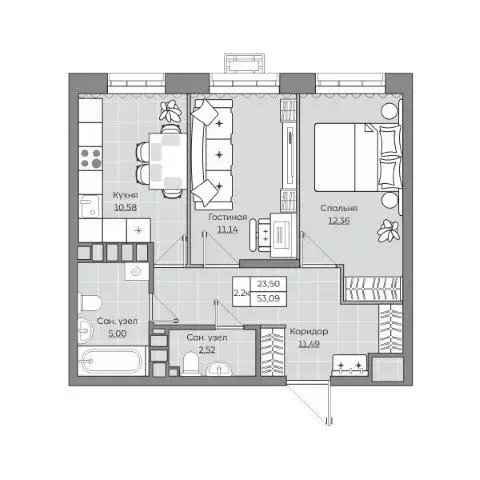 2-комнатная квартира: Казань, улица Ярышлар, 8 (53.09 м) - Фото 1