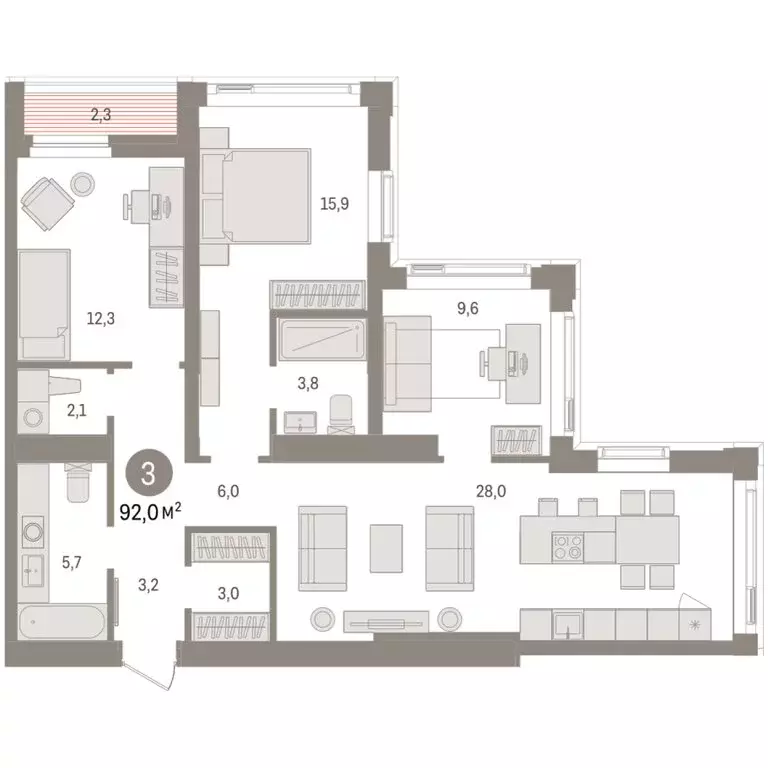 3-комнатная квартира: Тюмень, жилой комплекс Зарека (92.02 м) - Фото 1