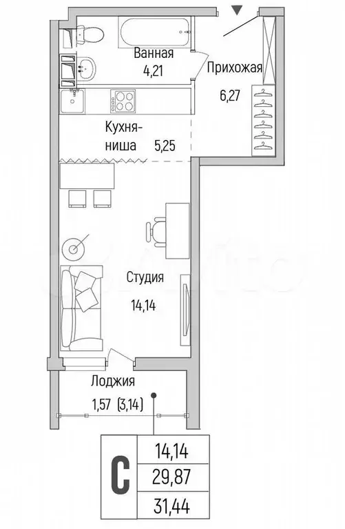 Квартира-студия, 31,4 м, 5/9 эт. - Фото 0