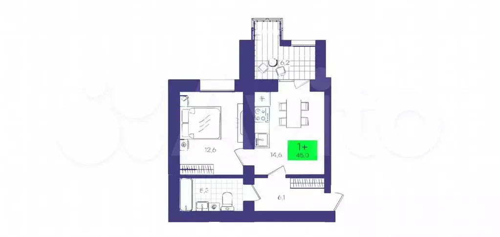 1-к. квартира, 45 м, 7/9 эт. - Фото 1