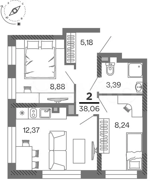2-к. квартира, 38,1 м, 7/25 эт. - Фото 1