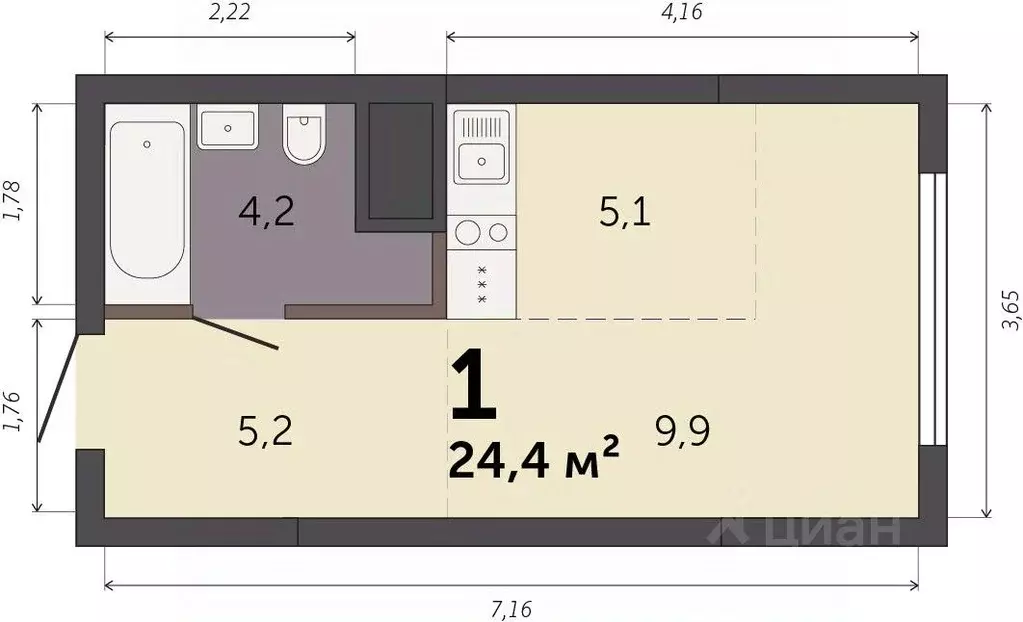 Студия Свердловская область, Екатеринбург Южный жилрайон,  (24.4 м) - Фото 1