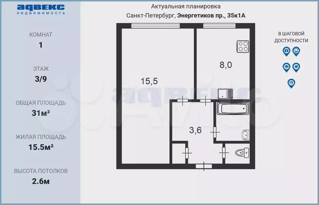 1-к. квартира, 31 м, 3/9 эт. - Фото 0