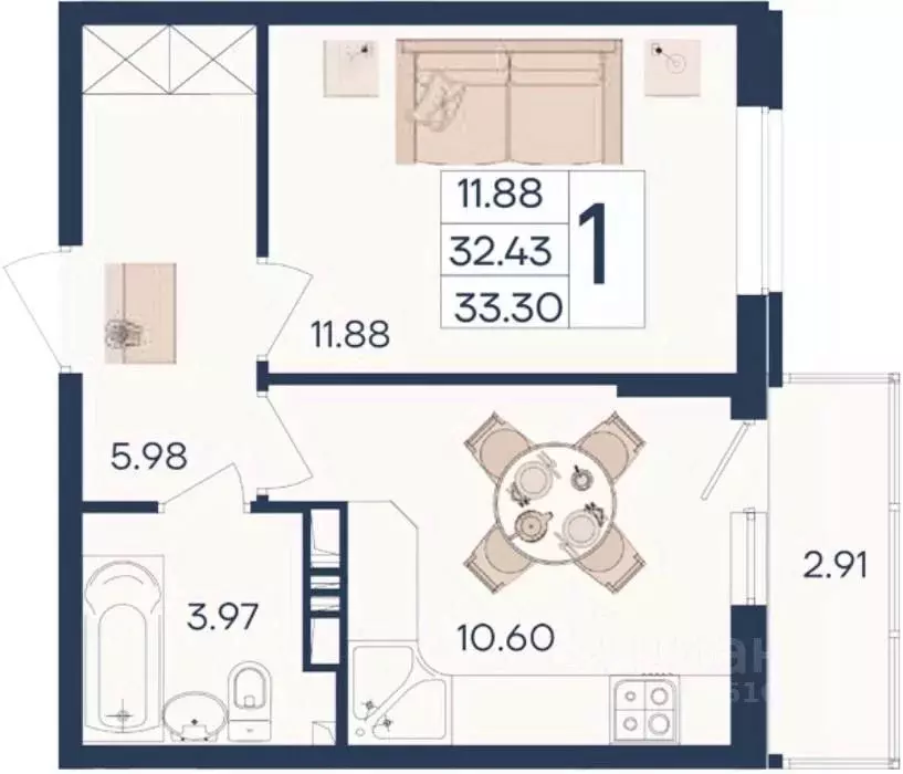 1-к кв. Краснодарский край, Краснодар  (33.3 м) - Фото 1