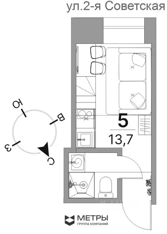Студия Санкт-Петербург 2-я Советская ул., 10 (13.7 м) - Фото 1