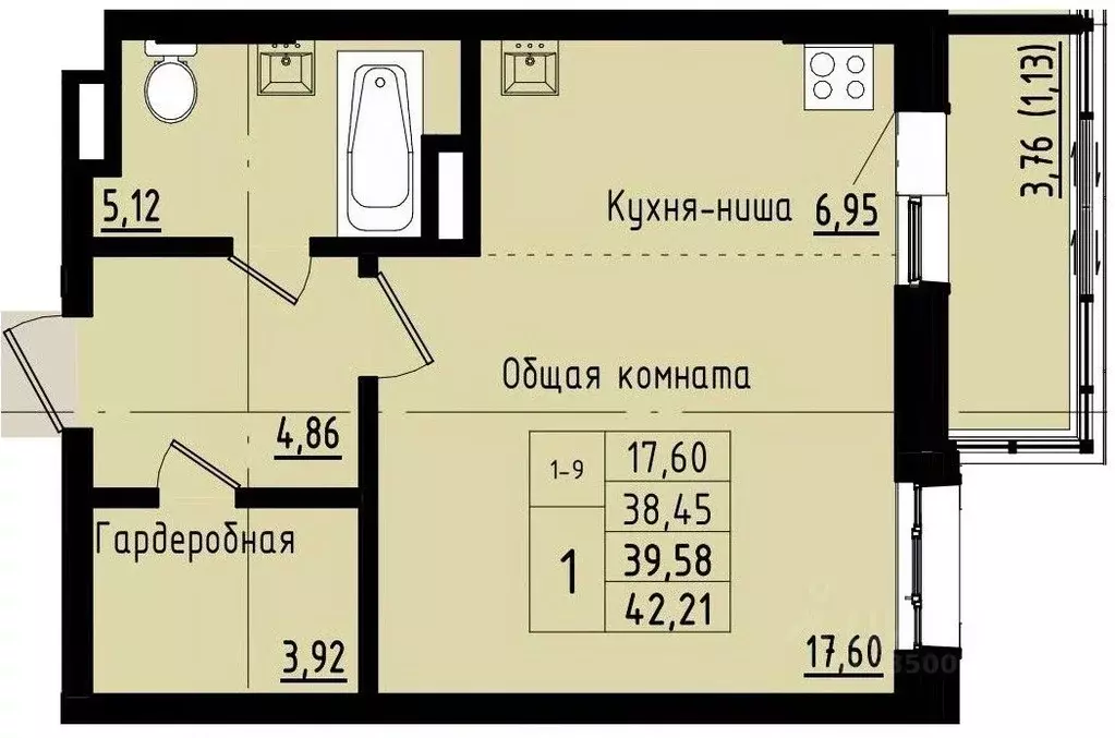 1-к кв. Саха (Якутия), Покровск ул. Орджоникидзе, 68 (39.58 м) - Фото 1