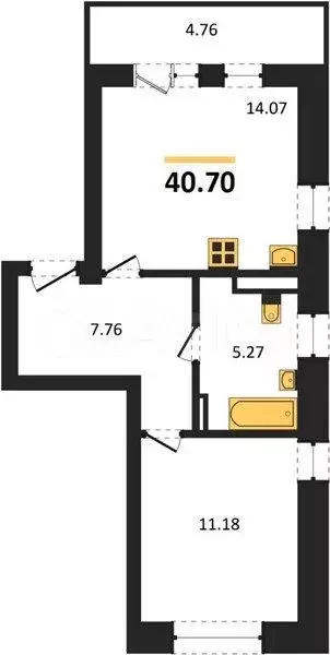 1-к. квартира, 39,8 м, 3/6 эт. - Фото 0