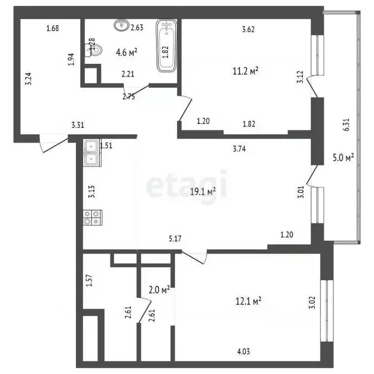 2-к кв. Тюменская область, Тюмень Интернациональная ул., 199к9 (62.7 ... - Фото 2