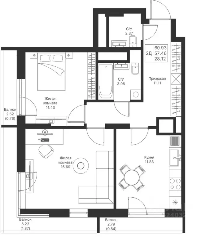 2-к кв. Татарстан, Казань Мой Ритм жилой комплекс (60.93 м) - Фото 1