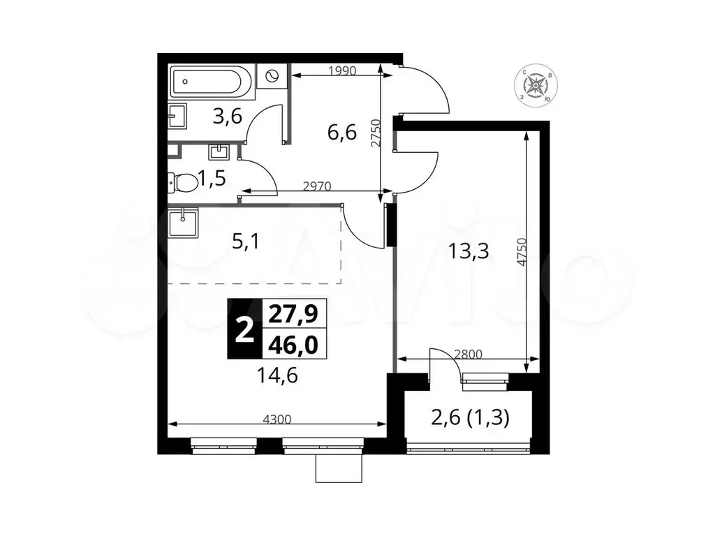 2-к. квартира, 46м, 8/24эт. - Фото 0