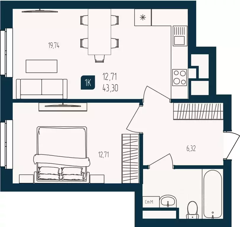 1-к кв. Тюменская область, Тюмень  (43.3 м) - Фото 1