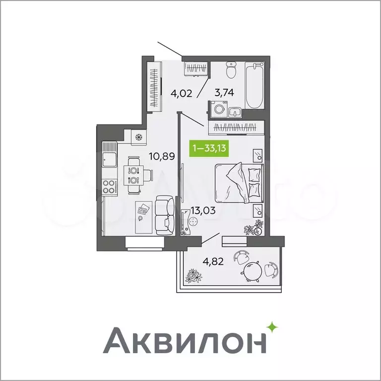 1-к. квартира, 33,1 м, 6/9 эт. - Фото 0