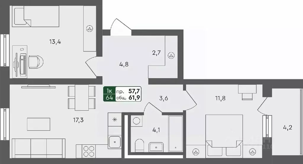 2-к кв. Омская область, Омск Красноярский тракт (61.9 м) - Фото 0