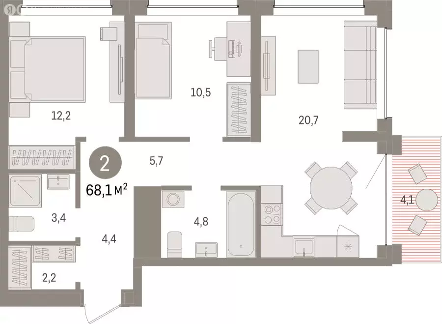 2-комнатная квартира: Тюмень, Урайская улица (68.05 м) - Фото 1