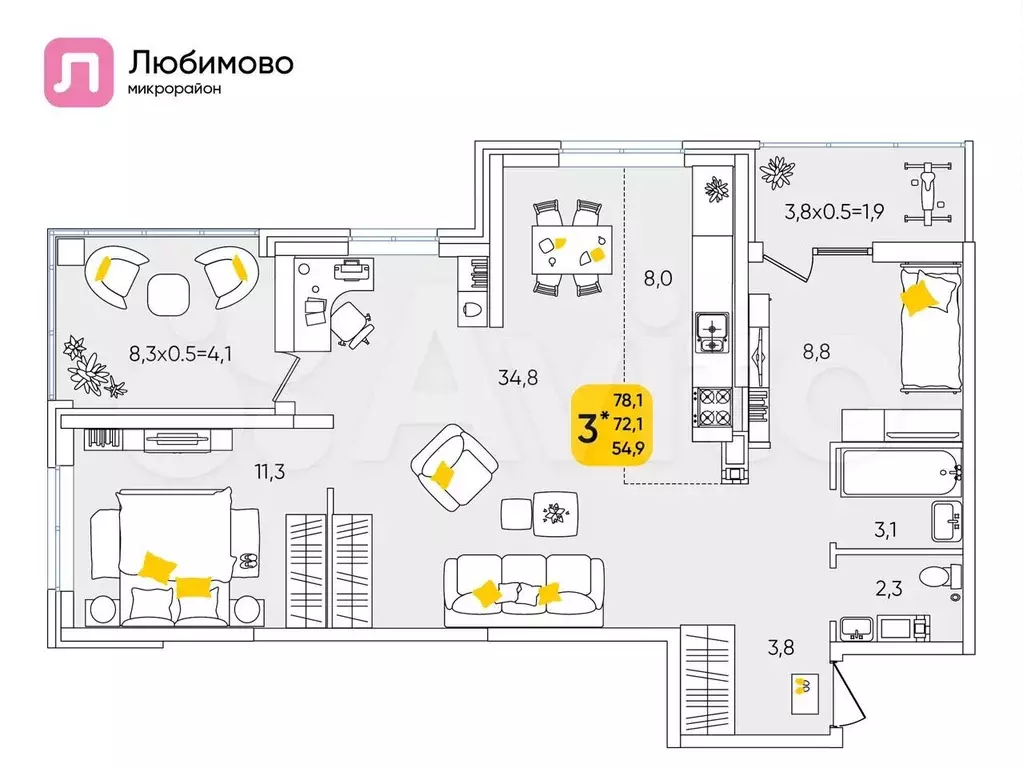 3-к. квартира, 77,5 м, 9/24 эт. - Фото 0