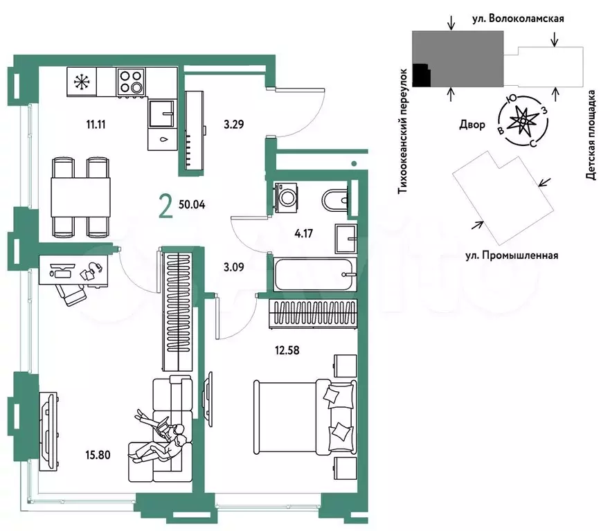 2-к. квартира, 50 м, 6/20 эт. - Фото 0