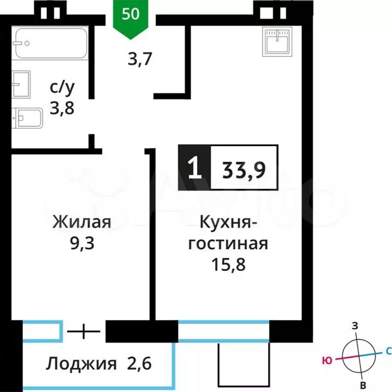 1-к. квартира, 33,9 м, 5/6 эт. - Фото 0