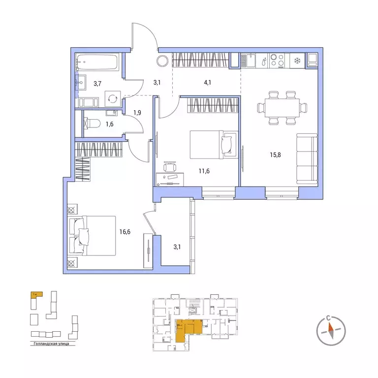 2-комнатная квартира: городской посёлок Янино-1, ЖК Янинский Лес (60 ... - Фото 1