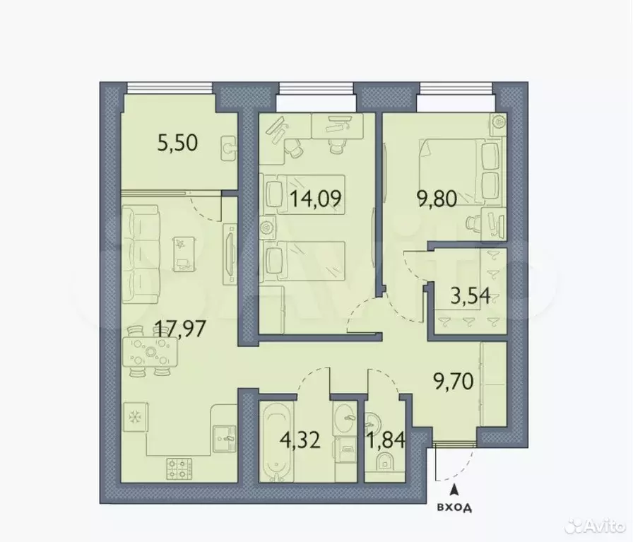 2-к. квартира, 66,8 м, 2/8 эт. - Фото 1