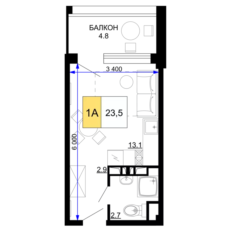 1-к квартира, 23.5 м - Фото 0