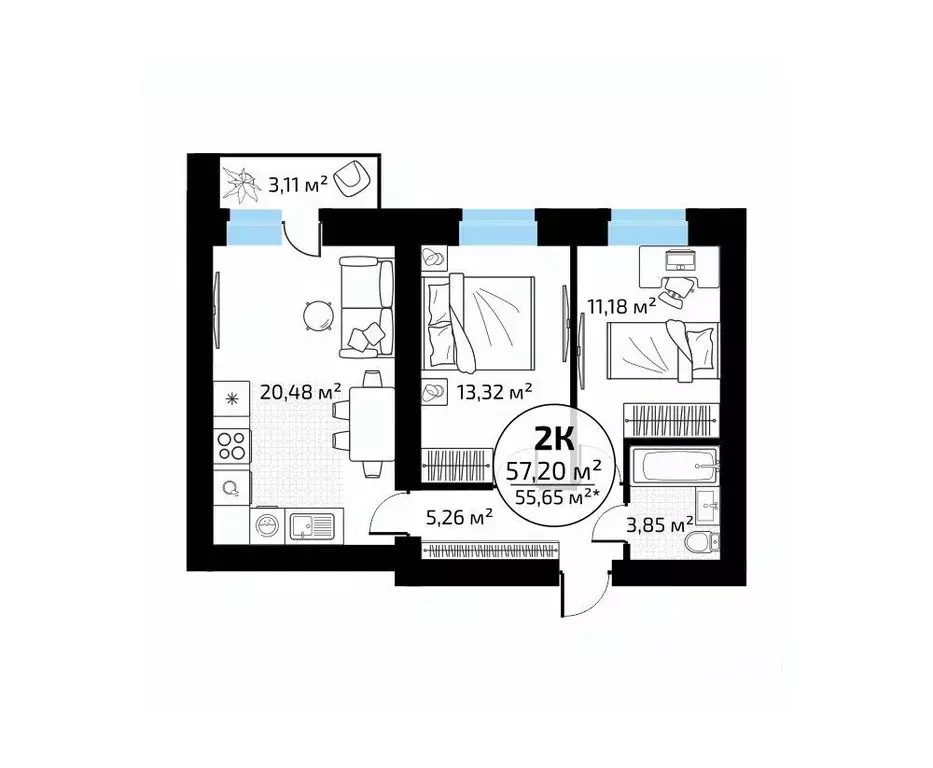 2-к кв. Самарская область, Самара пос. Мехзавод, 1-й кв-л, 50 (57.2 м) - Фото 1