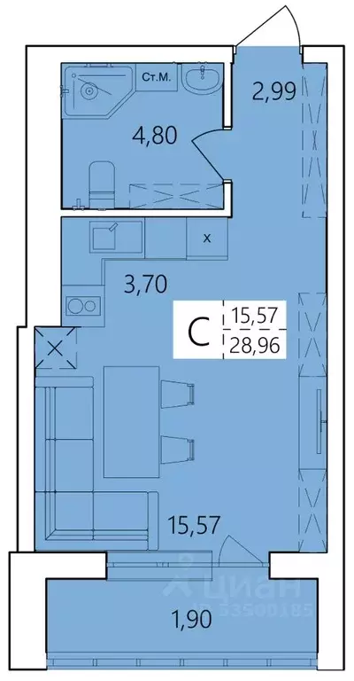 Студия Башкортостан, Уфа Затон жилрайон, Волна жилой комплекс (28.96 ... - Фото 1