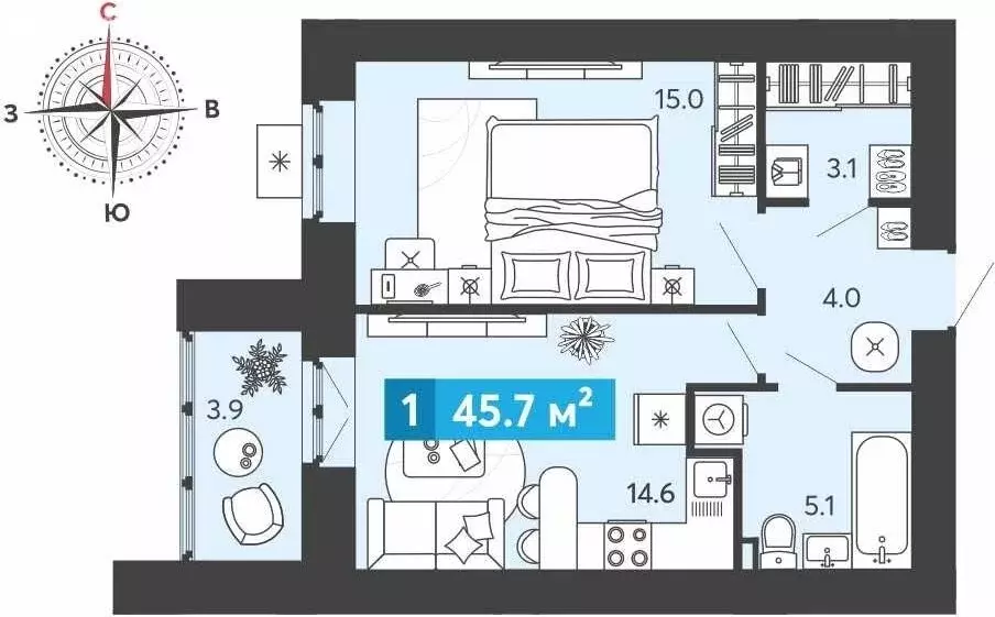 1-комнатная квартира: Засечное, Прибрежный бульвар, 5 (45.7 м) - Фото 1