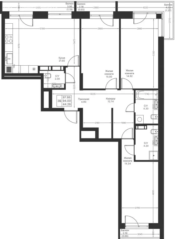 3-комнатная квартира: Казань, ЖК Мой Ритм (97.86 м) - Фото 1