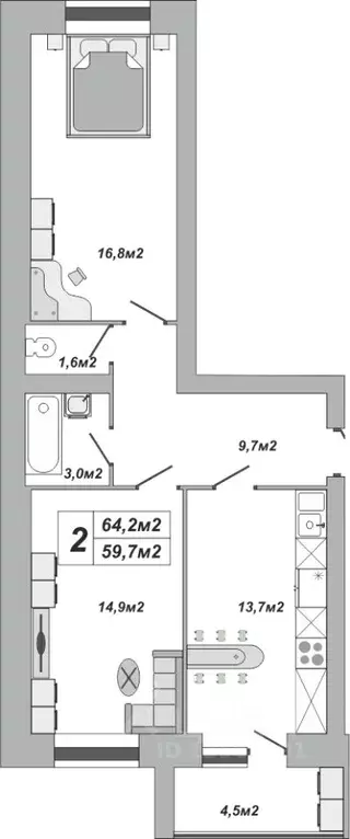 2-к кв. Тамбовская область, Тамбов ул. Чичерина, 7/3 (64.2 м) - Фото 0