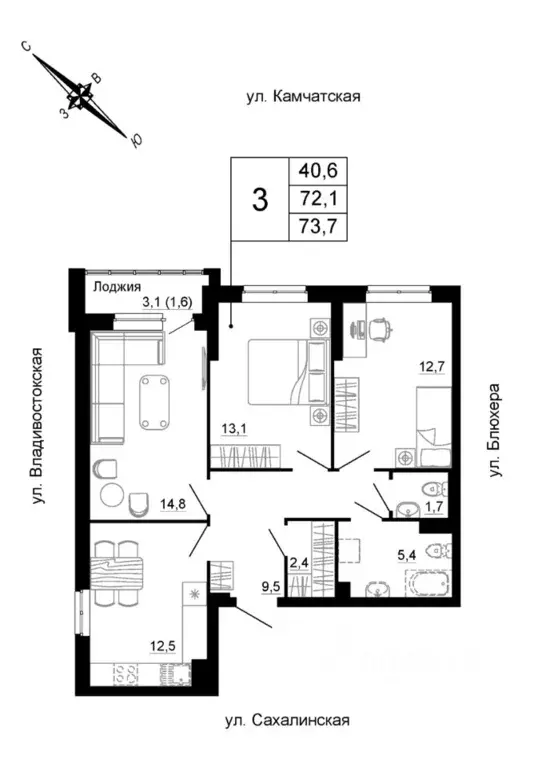 3-к кв. Свердловская область, Екатеринбург ул. Кронштадтская (73.7 м) - Фото 1