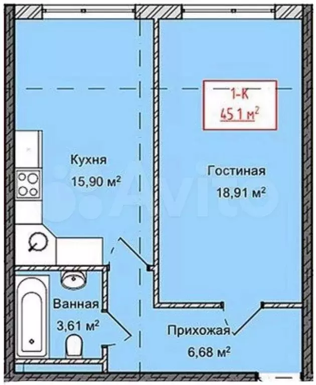 1-к. квартира, 45,1 м, 4/13 эт. - Фото 1