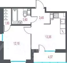 Квартира, 1 комната, 36.19 м - Фото 1