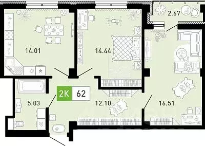 2-к кв. Тюменская область, Тюмень ул. Константина Посьета, 6 (62.0 м) - Фото 0