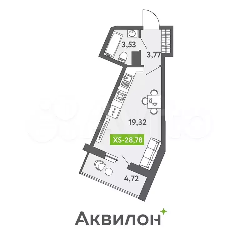 Квартира-студия, 29 м, 2/13 эт. - Фото 1