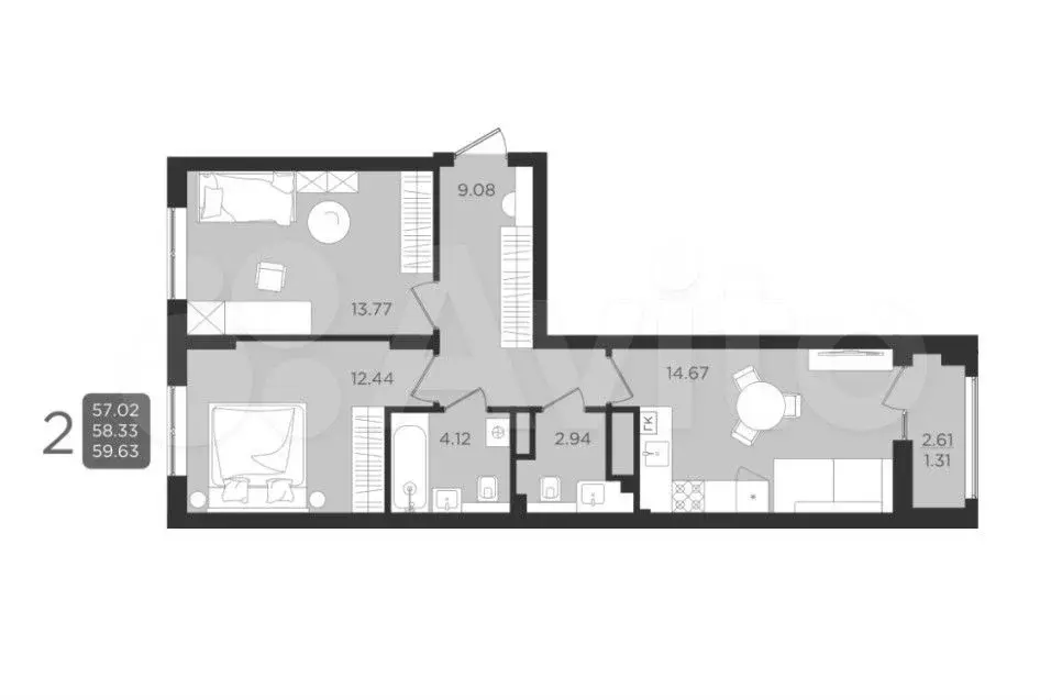 2-к. квартира, 58,6 м, 8/9 эт. - Фото 1