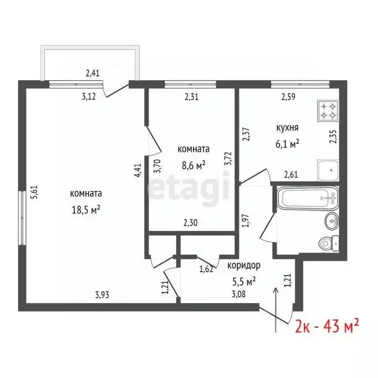 2-к кв. Свердловская область, Екатеринбург проезд Решетникова, 7 (43.0 ... - Фото 2