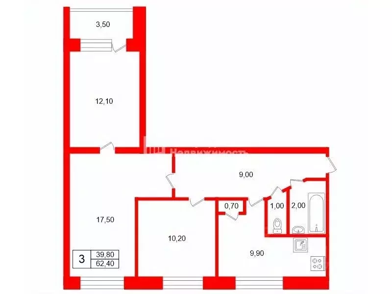 3-к кв. Санкт-Петербург ул. Коллонтай, 47К5 (62.4 м) - Фото 2