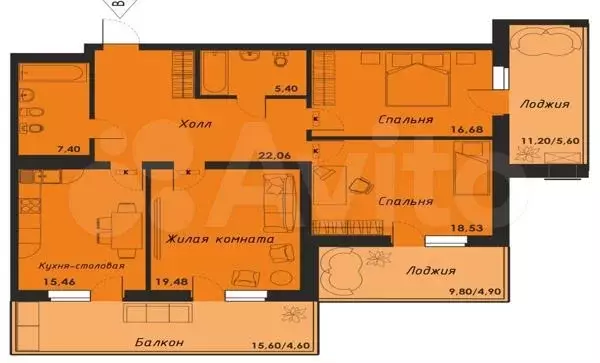 3-к. квартира, 124,8 м, 9/22 эт. - Фото 0
