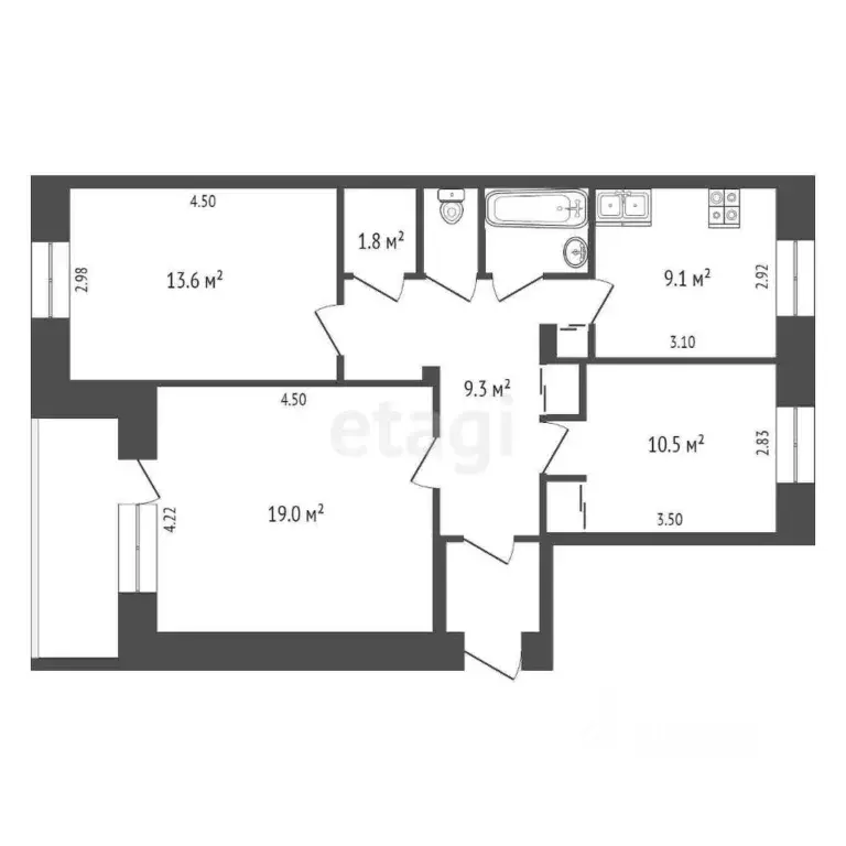 3-к кв. Калужская область, пос. Бабынино ул. Зеленая, 15 (68.1 м) - Фото 2