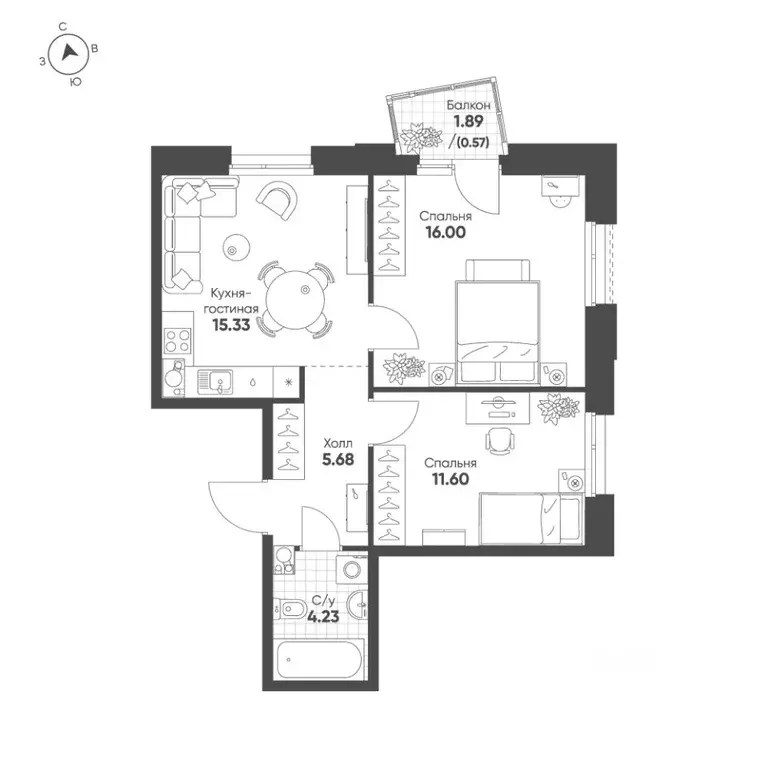 2-к кв. Татарстан, Казань Счастье в Казани жилой комплекс (53.41 м) - Фото 1