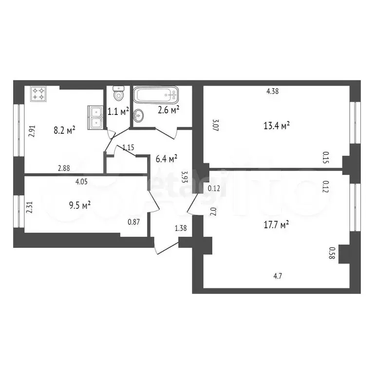 3-к. квартира, 59,5 м, 2/5 эт. - Фото 1