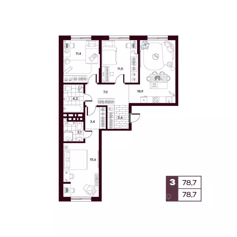 3-к кв. Тюменская область, Тюменский район, д. Дударева  (78.61 м) - Фото 0