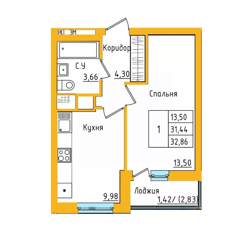 1-к кв. Башкортостан, Уфа ул. Валерия Лесунова, 18 (32.73 м) - Фото 1