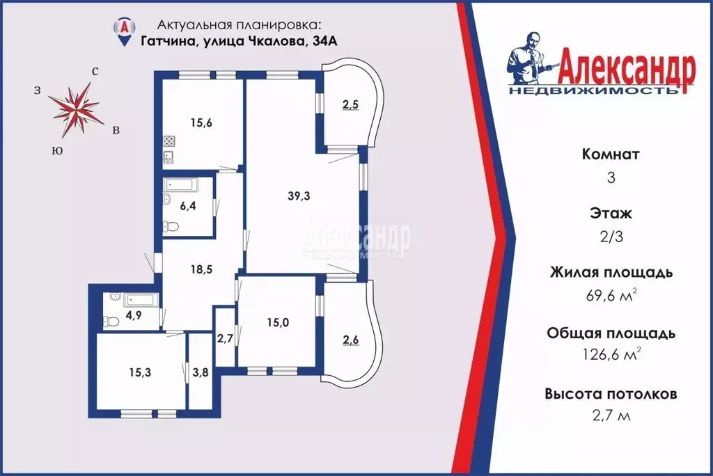 3-к кв. Ленинградская область, Гатчина ул. Чкалова, 34А (126.6 м) - Фото 1