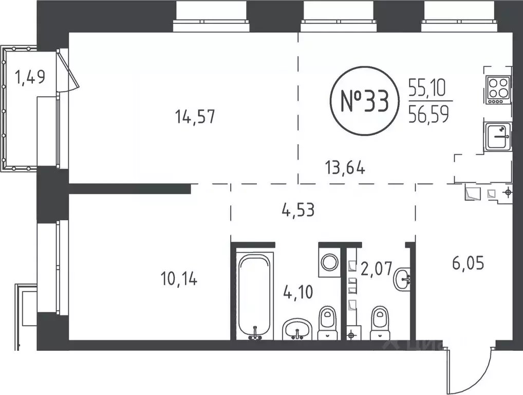 2-к кв. Иркутская область, Иркутск ул. Эдуара Дьяконова, 6 (55.95 м) - Фото 0