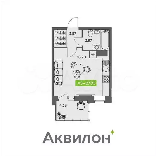 Квартира-студия, 27,1м, 3/9эт. - Фото 1