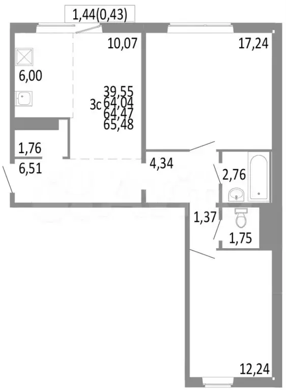 3-к. квартира, 64,5м, 8/10эт. - Фото 0