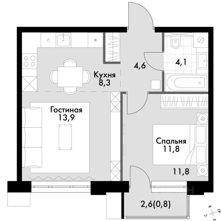 2-к кв. Приморский край, Владивосток Флагман жилой комплекс (43.5 м) - Фото 2
