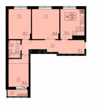 3-к. квартира, 76,6 м, 6/8 эт. - Фото 1