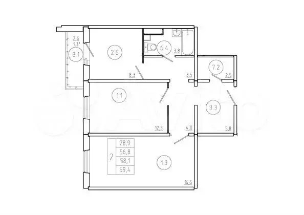 2-к. квартира, 58,1 м, 16/17 эт. - Фото 1